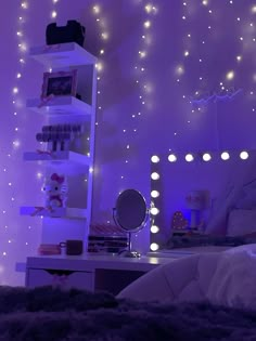 a bedroom with purple lights on the walls