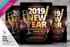 new year's eve party flyer with champagne glasses and firework in the background