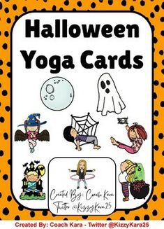 halloween yoga cards with black and white polka dots on orange background, featuring children dressed in costumes