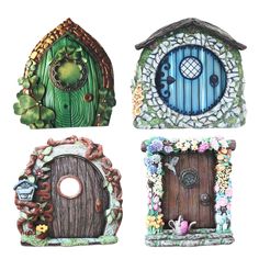 four different types of fairy doors with flowers and plants around them on a white background