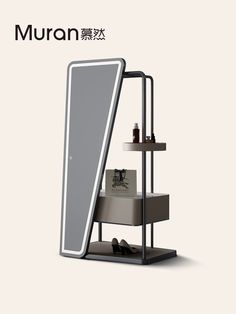 an advertisement for the new murano store, with shoes and accessories on display in front of a large mirror