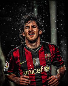 a man with wet hair is standing in the rain wearing a black and red shirt