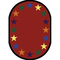 an oval shaped rug with stars on the top in red, yellow and blue colors