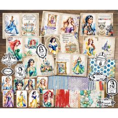 the disney princess collection is displayed in front of a wooden table with many different pictures