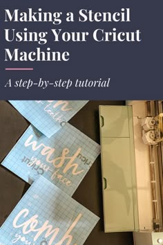 a machine that has some blue paper on it and the words making a stencil using your cricut machine