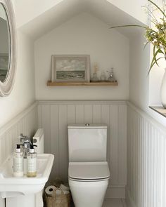 a white toilet sitting in a bathroom next to a sink under a mirror and a potted plant