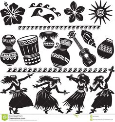 various silhouettes of hawaiian folk dancers and musical instruments, including an acoustic guitar illustration