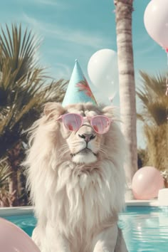 a white lion wearing sunglasses and a party hat sitting in front of a pool with balloons