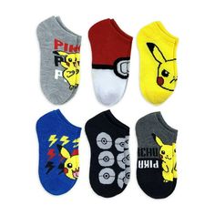 This 6-Pack of Pokemon Boys No Show Socks make an adorable fashion accessory for your child! Featuring Pikachu and fun graphics, these socks can be paired with just about any outfit of choice. Lightweight and breathable, they offer superior comfort that's perfect for all-day wear. Check out the entire character no show sock collection, available exclusively at Walmart! Size: L.  Color: White.  Gender: male.  Age Group: kids. Pikachu Clothes, Pokemon Socks, Pokemon Fabric, Pokemon Sketch, Sock Collection, Fun Graphics, Boys Socks, Calendar Ideas, Boy Toys