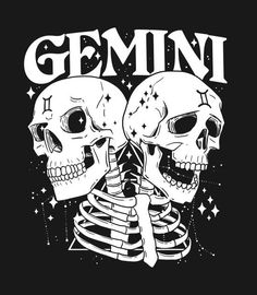 two skulls with the words gemin on them and stars in the sky behind them