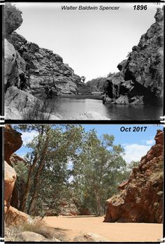 black and white photo of two different views of the same river, with trees on both sides