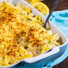 a casserole dish filled with macaroni and cheese