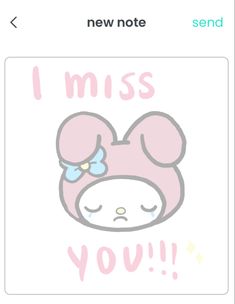 a sticker with the words i miss you in pink and blue, on top of a