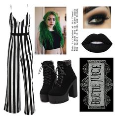 "Beetlejuice" by gothic-trash ❤ liked on Polyvore featuring Lime Crime, Boots, stripe, beetlejuice, greenhair and jumpsuits Beetlejuice Outfit Ideas, Beetlejuice Inspired Outfit, Beetlejuice Outfits, Goth Ideas, Hot Topic Clothes, Goth Chic, Couple Costumes, Summer Goth, Derby Party