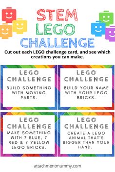 28 Day STEM LEGO Building Challenge {with FREE printable cards} National Lego Day Activities, Homeschool Lego Activities, Stem Activities With Index Cards, Steam Lego Activities, Printable Stem Activities, Lego Stem Kindergarten, Printable Lego Challenge Cards, Stem Lego Challenges