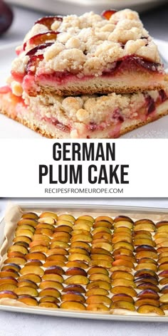 two pictures with different types of desserts and the words german plum cake on them