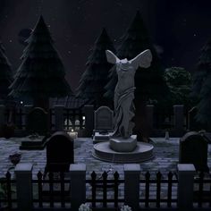 a cemetery at night with an angel statue in the foreground