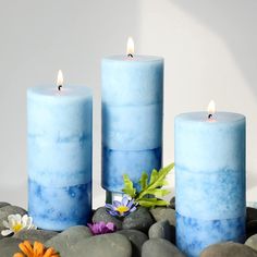 three blue candles sitting on top of rocks with flowers in the middle next to them