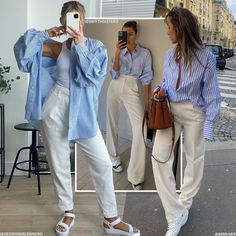 Oversized Blue Dress Shirt Outfit, Womens Blue Shirt Outfit, Women’s Blue Shirt Outfit, Styling A Blue Shirt, Stripe Shirts Women Outfit, White Trousers Blue Shirt, Oversized Blue And White Striped Shirt, Blue Striped Shirt Women Outfit, How To Style Blue Shirt Women