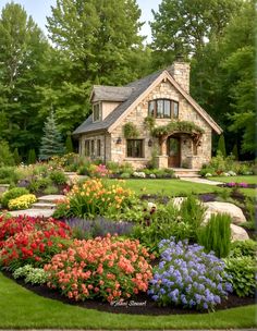 a house surrounded by lush green trees and flowers