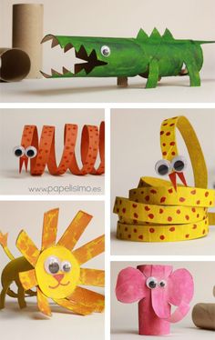 paper crafts made to look like animals and crocodiles are featured in this collage