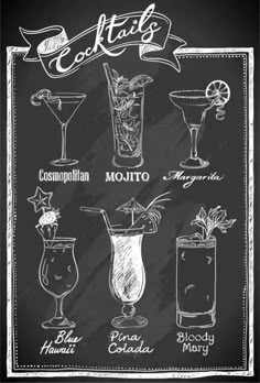 cocktail menu with different types of drinks on the chalkboard