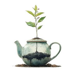 a teapot with a plant growing out of it's top and dirt on the ground