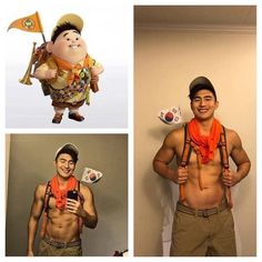 three pictures of a man with no shirt and an orange scarf, holding a cell phone