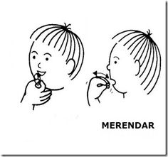 two children brushing their teeth with the words merendar above them