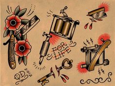 an old school tattoo design with flowers, scissors and other tattoos on it's back