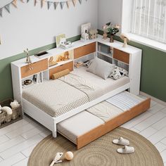 a room with a bed, bookshelf and toys on the floor