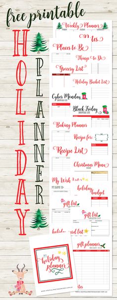 a christmas planner with the words free printable holidays on it and an image of a santa