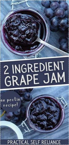 two ingredient grape jam in glass jars with spoons