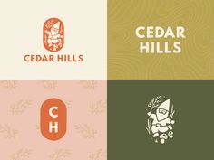 four different logos for cedar hills and cedar hills, including one with an image of a gnome