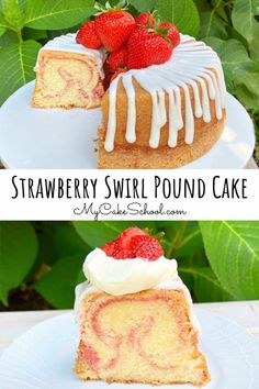 strawberry swirl pound cake with icing and strawberries on top, sitting on a white plate