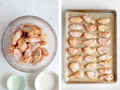 the ingredients to make chicken wings are shown in separate bowls