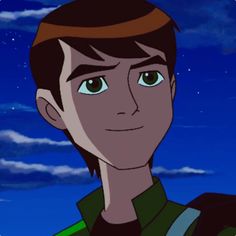 an animated image of a man with green eyes looking at the camera in front of a night sky