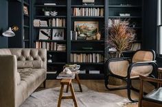 a living room filled with furniture and bookshelves