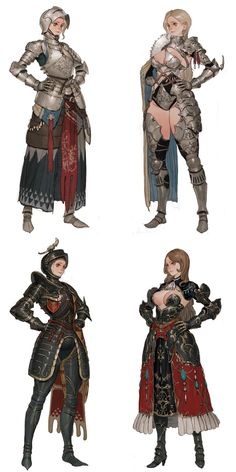 four different types of female characters in armor