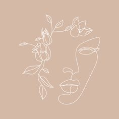 a drawing of a woman's face with flowers in her hair on a beige background