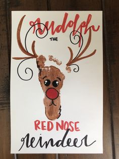 a handmade christmas card with a reindeer's face and the words rudolph the red nose reindeer