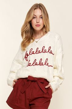 Fa La La Cable Knit Sweater. NOTE: If your size is not available, please register your email in EMAIL ME WHEN AVAILABLE link. FINAL SALE Red Letters, Flirty Tops, Cream Knit Sweater, Romantic Dates, Cable Knit Sweater, Affordable Clothes, Newest Trends, Me When, Suits You