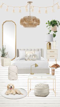 a white bedroom with gold accents and accessories