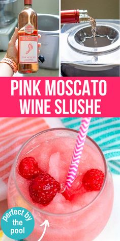 pink moscato wine slushe with raspberries in it and the recipe below