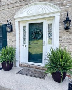 two plants are sitting in front of the door