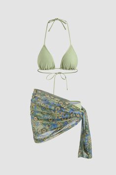 Fit: Regular fit. Detail: Halter. Tie-up. Solid color. Floral sarong. Three-piece outfit. Material: 85% Polyester. 15% Spandex. Careï¼?Machine washes cold. tumble dry low. Color may be lighter or darker due to the different displays. Mha Dr, Spain Trip, Streamer Dr, Outfit Png, Billie Holiday, Coverup Skirt, Cute Bathing Suits, Cute Swimsuits, Cute Bikinis