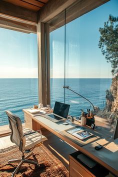 Sea View Office, Home Office Lake View, Stunning Home Office, Vision Board Home Decor, Home With A View, Visual Board Ideas, Office With View, Working At The Beach, Ocean View Aesthetic