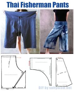 the pattern for shorts is shown in three different sizes and colors, including blue denim