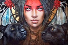 a painting of a woman surrounded by three black cats, with red makeup and feathers on her head