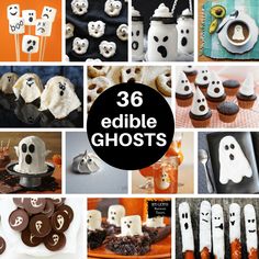 a collage of halloween themed items including cupcakes, ghost cookies and more